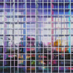 Colorful abstract landscape alludes to several high white rise buildings amongst garden space with a purple night sky A grid of alternating thin and thick horizontal and vertical lines form the illusion of foreground scaffolding