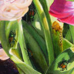 Detail of the stems of the tulips in which several Japanese Beetles are crawling