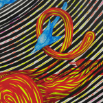 Detail; a blue bird flies through the tail of a yellow and red-striped beast.