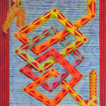 A snake with neon coloring and geometric patterning contorts at sharp angles, forming a downward cascade of interlocking diamond shapes. Blue and white horizontal striped background, set inside an illusory red frame.