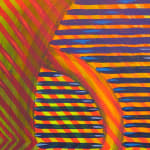 Detail; the neon line work of the vase meets the neon, overlapping line work of the background.