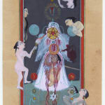 Headless angel figure in red and tan border with seven people coming out of edges of border all looking and praising the angel figure.