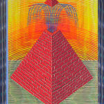A red brick pyramid sits on a green and beige ground. The top point of the pyramid is shot upward by a blue fountain. The surface has an illusion of both horizontal lines and vertical, non-uniform zig-zags. The background of radiating neon red, orange, and yellow squares is overlaid with arcing lines in the same colors. The scene sits within a blue and grey illusory frame.
