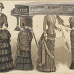 Black and beige etching of four women in victorian era dresses. Three of the women have a piano covering their heads.