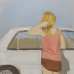Woman facing away from the viewer towards a white car tames her blonde hair with her left hand.