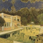 Orange and white mansion reflects into pool with patio. Dark trees encroach on night sky. Bottom right corner of canvas features an oversized black mobile.