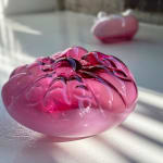 Two pink, blown-glass sculptures arranged on a white floor.