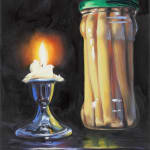 Still life of lit candle to the left of jar of preserved asparagus with green lid.