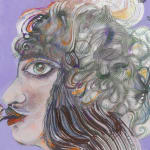 Detail of woman in profile with large eye and marbled speech.