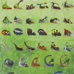 Highly detailed and realistic oil painting on panel of a six by seven grid depicting a variety of insects collectively called Membracidae but more commonly known as treehoppers and thorn bugs Each bug while enlarged is painted proportionally against a loosely painted grassy background