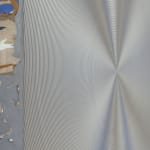 Detail of side of painting displaying grey, blue, ochre, and white paint drips.