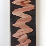 Photographs of the artist’s nude body holding a propeller on top of rotating pedestal. The photographs are cut into strips and then pasted against wooden panel to create the image of a fleshy screw