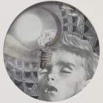Greyscale collage featuring a young boy with closed eyes and open mouth, moon, forearm and hand holding a sickle, and a warped colosseum-like surrounding.