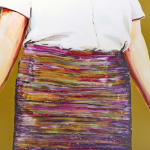 Torso of person wearing white blouse and skirt with multi-colored horizontal stripes has arms out to the sides with hands clenched.