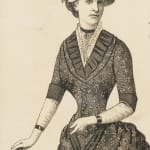 Detail view of black and white etching of woman in victorian era dress.
