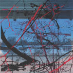Multiple silkscreen layers of black blue and red paint form a constructed landscape of a heavily pixelated river bank that is framed by two vertical industrial structures. In the foreground are several black and red silhouettes of partially submerged trees and thin hanging branches the obscure the view of the river