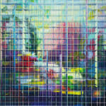 Colorful abstract landscape alludes to several high rise buildings amongst garden space A grid of alternating thin and thick horizontal and vertical lines form the illusion of foreground scaffolding