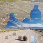Collage of tumble weeds crossing dirt road with birds eye view of dry canyon. The two images overlapped with cutouts of the sky create a false mountain scape.