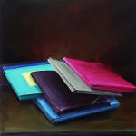 Disorganized stack of colorful stuffed file folders (in fuschia, dark purple, blue, turquoise and gray) against black background.