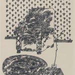 Black ink on beige paper; living room scene with armchair, rug and end table, with pattered wall behind. Shapes are formed by erratic and heavy line work.