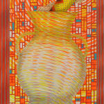 Arched orange and yellow background in the style of stained-glass window. Yellow snake emerging out of curved vessel with puffs of smoke.