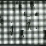Still image of a rectangular piece with multiple white LEDs behind Plexiglass display asynchronous scenes of pixelated shadowy people walking around Grand Central Terminal in New York City