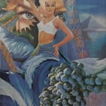 Paper collage of various cut outs from nineteen seventies magazines create the image of a topless white woman sitting amongst large blue feathers pillows flags and grapes in the background large blue eyes can be seen from behind the woman and a blue pyramid is blurred in the upper right