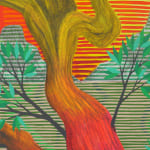 Detail; in the foreground, a multicolored tree branch with bright green leaves. In the background, grey-green mountains. Green and beige horizontal lines create a flat plain, yellow and orange horizontal lines create a sunset.