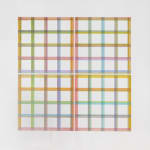 Four separate four-by-four grids arranged in a square shape are set against a white background. Each grid is created from horizontal and vertical lines of many colors that overlap and bleed into each other.