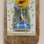 A collage featuring a sunflower above a brown and white cow standing on a bed with blue and gold sheets and drapery.