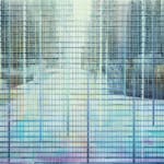 Colorful abstract landscape alludes to several high rise buildings amongst large garden space that takes two thirds of the canvas A grid of alternating thin and thick horizontal and vertical lines form the illusion of foreground scaffolding