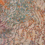 Detail; raised lines create a fibrous pattern over multicolored canvas.