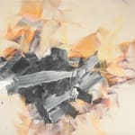 Abstract painting of chunks of a graphite-like substance jutting out from a beige background.