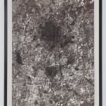 A framed dark grey and white abstract painting featuring a black stick figure cross.