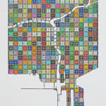 A multicolored grid of Chicago, IL, with white space to represent the Chicago River.