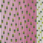 Detail; dark green, light green, and gold horizontal stripes overlayed with vertical light pink, dark pink, and white bars.