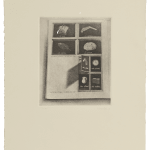 White print with page of book with several labeled objects. The square with a horse on it is opening like a door and casts a shadow over page. The square is labeled the door.