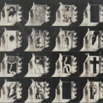 4x4 grid of negatives of hand holding pocket transistor radio, with different image on radio in each square