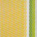 An abstract painting mimicking fabric. From left to right: A large yellow column, a thin white column, a green ombre column from dark to light, a grey thin column.