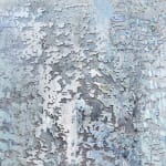 Iceberg-like chunks of paint in white and light blue are layered against gray and blue background, creating sense of texture, depth and three-dimensionality.