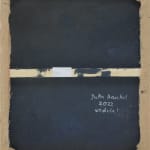 Back view of painting showing black paint applied to canvas with artist signature, year, and piece title in white writing.
