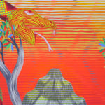 Detail; the serpent's neck bends over a tree branch and its mouth hangs open with tongue lolling out. The serpent gazes lazily upwards and is patterned with dots and triangles on its body and wavy lines on its face. In the distance a grey mountain looms with a radiating pattern. A sunset is created with horizontal line work, and an illusion of vertical wavy lines is created.