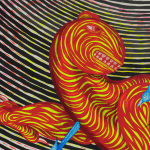 Detail; the yellow and red-striped beast smiles and gazes lazily over its shoulder as blue birds dart across its body.