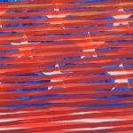 Detail; white stars on a blue background overlaid with red and orange stripes.