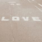 Detail of the word LOVE painted onto Oak Street in LOVE OAK