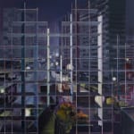 Dark abstract urban night landscape with multiple high rise buildings and green trees with glowing street lights A dark blue and gray grid of alternating thin and thick horizontal and vertical lines form the illusion of foreground scaffolding