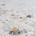 Mixed media landscape with silver pointillism streams of fog caress several blush peonies, bare birch trees, and black and white marbled mountain tops. At the bottom a gold metallic moon peeks out from three of the marbled mountain tops