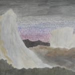 Detail of cliff with purple sky that has words written into it.