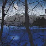 Multiple silkscreen layers of black blue white and gray paint form a constructed landscape of a blurry and heavily pixelated riverbank which is obstructed by several silhouettes of thin trees. In the upper left of the piece a small blurry white circe alluding to a shining full moon hangs in the sky while another blurry light blue circle at the bottom alludes to its watery reflection