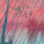 Multiple silkscreen layers of pink purple and blue form a constructed landscape of a blurred and heavily pixelated river bank. In the foreground to the left of the piece is a faded dark turquoise silhouette of a thin tree and in addition several thin purple diagonal lines allude to falling rain